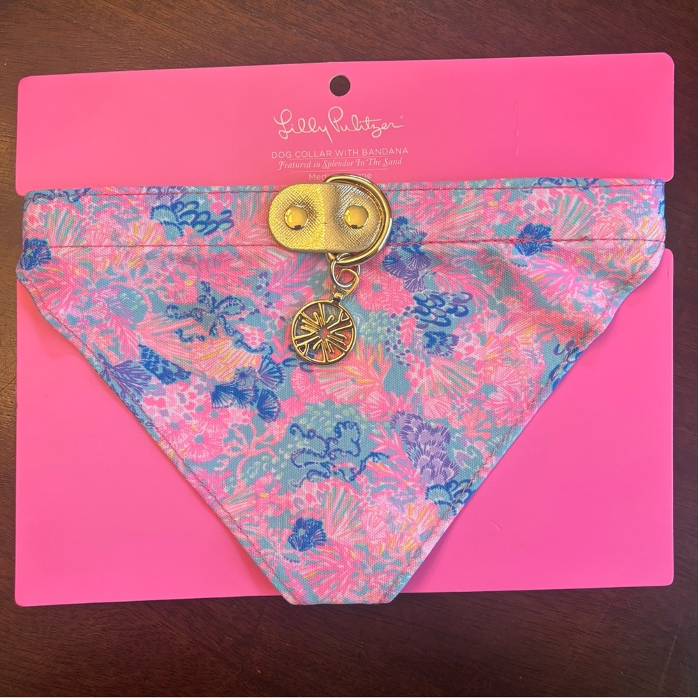 NWT LILLY PULITZER LEATHERETTE AND CANVAS DOG COLLAR WITH BANDANA SIZE M/L